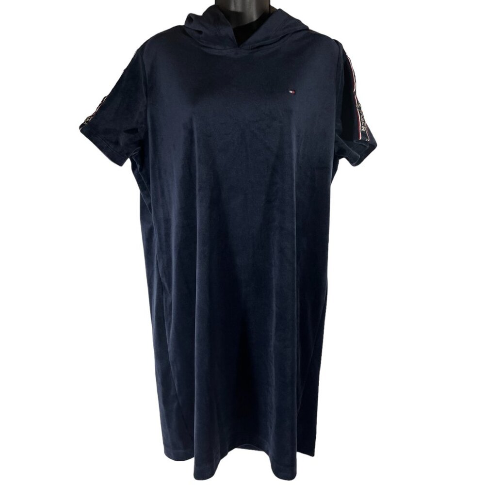 Tommy Hilfiger Dress Mini Short Sleeve Velvet Navy Blue Logo Hoodie Dress L